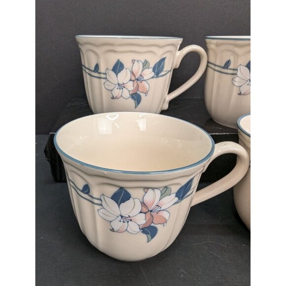 Epoch Lilies Floral Pleated Blue Rim 8 Oz Coffee/Tea Cup Set of 4 - Picture 2 of 8